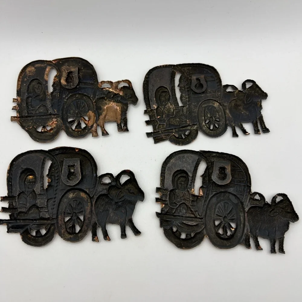 X4 Covered  Wagon Cattle Women Copper Metal Wall Hangings VTG